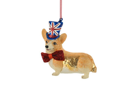 Corgi mit Union Jack-Zylinder in Beige