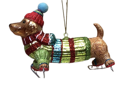 Dackel auf Schlittschuhen Christbaumschmuck aus Glas